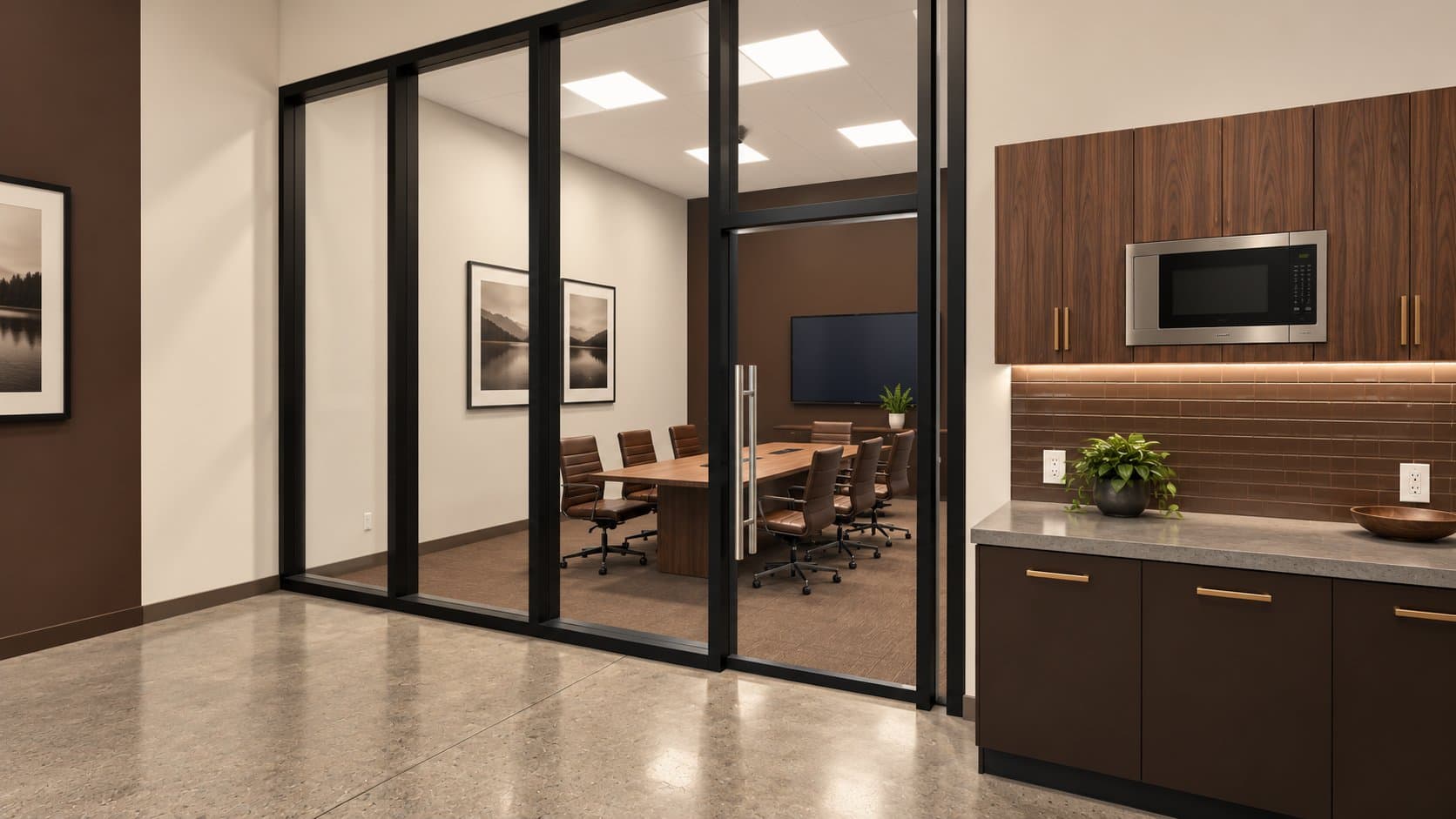 Artist's concept of a glass-walled conference room off a Keep clubhouse kitchenette