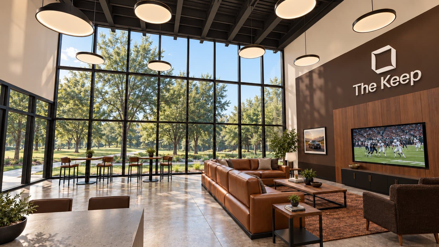 Artist's concept of a Keep clubhouse lounge with leather seating and a two-story window wall onto a wooded lawn