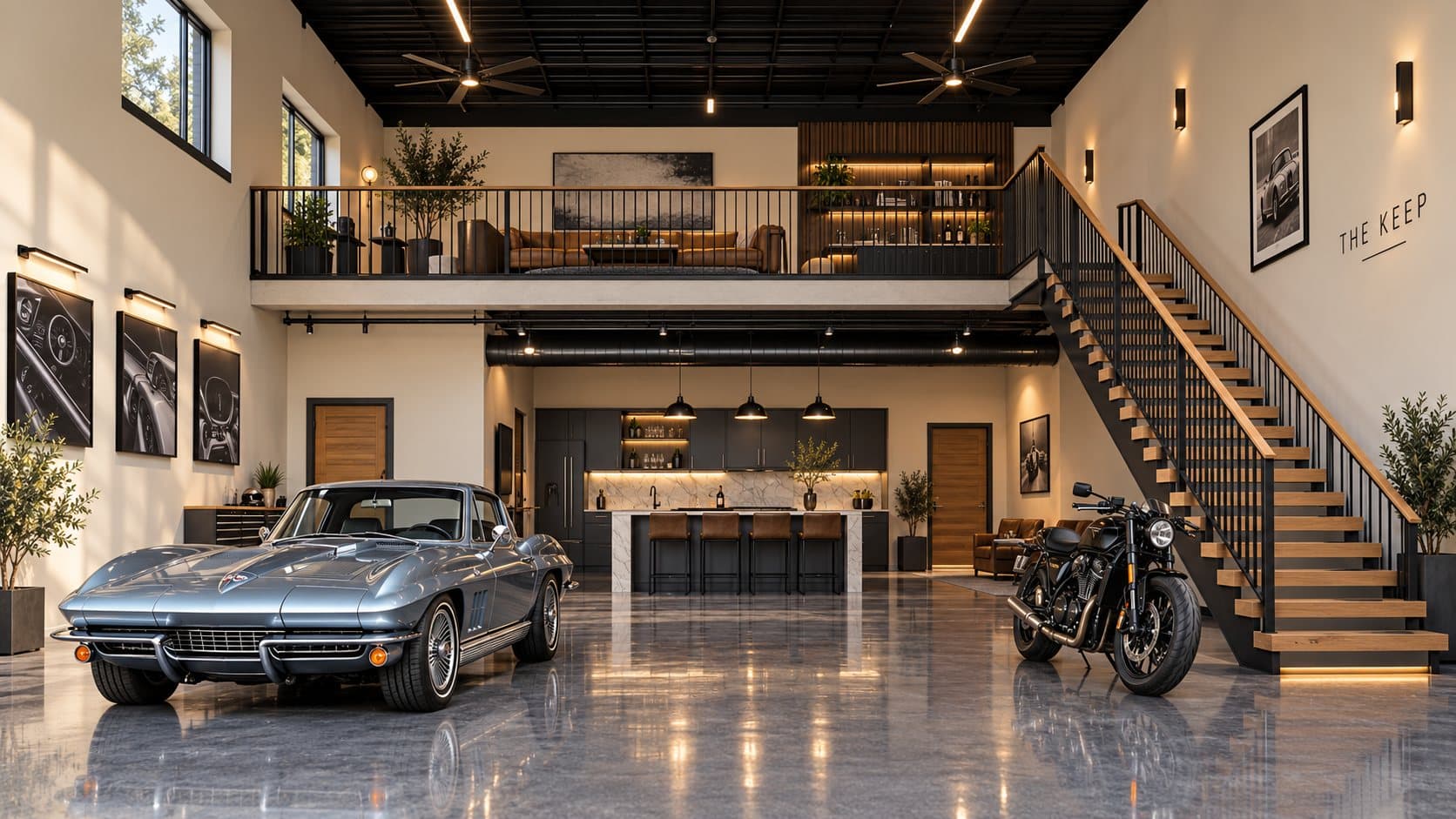 Artist's concept of a suite with a classic Corvette, a motorcycle, a bar, and a mezzanine lounge