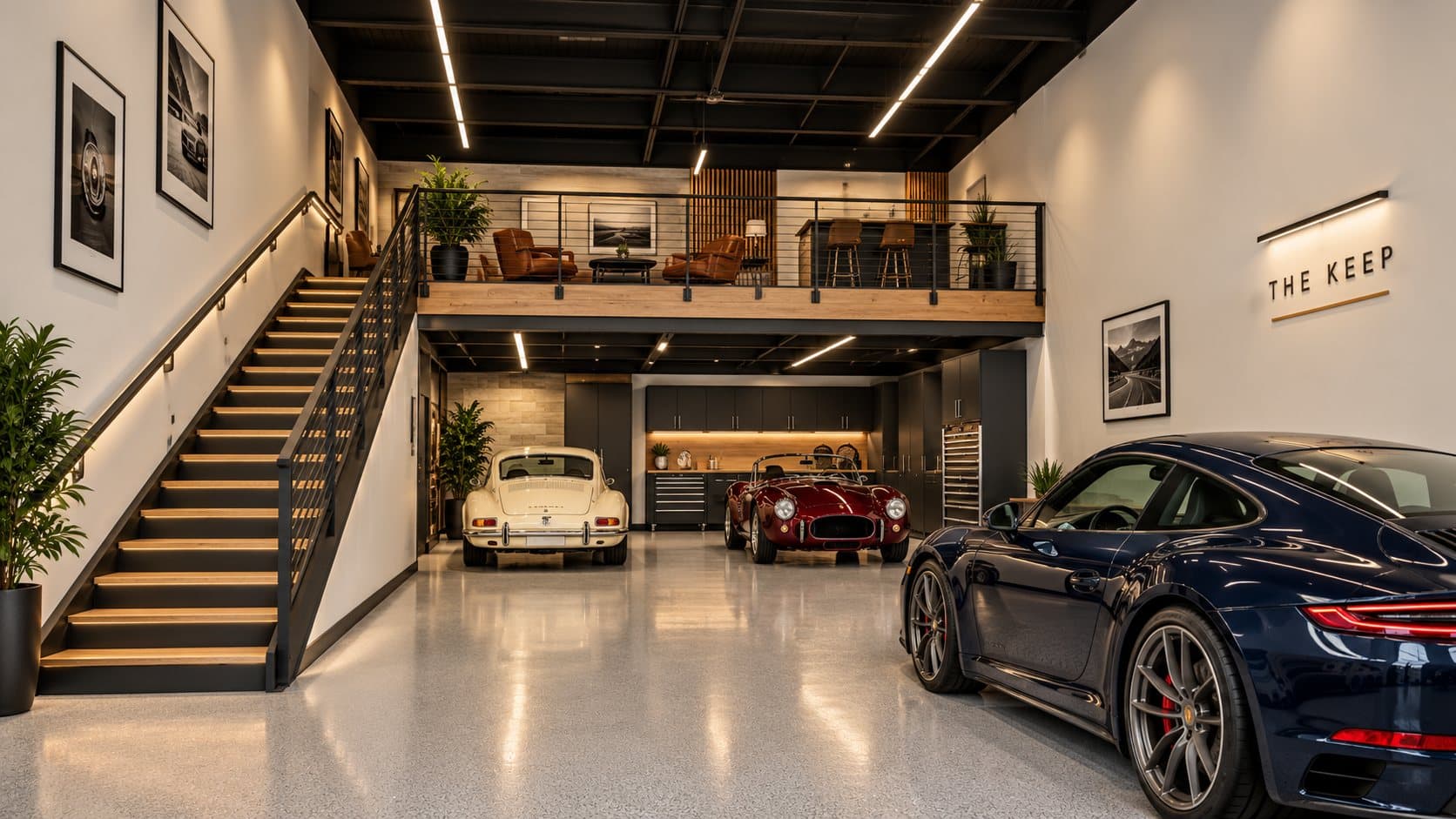 Artist's concept of a collector's suite with classic cars below a mezzanine lounge