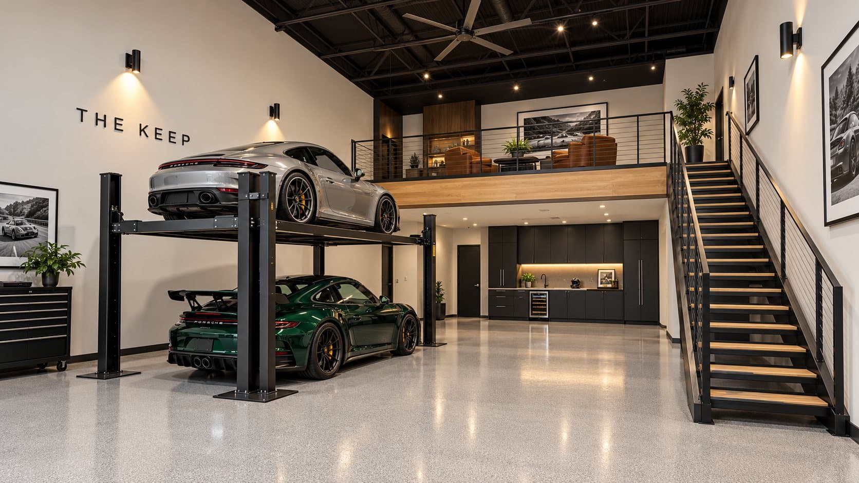 Artist's concept of two sports cars stacked on a lift beside a mezzanine lounge