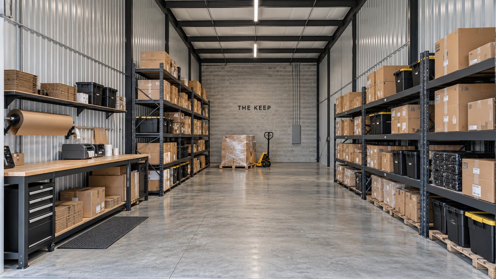 Artist's concept of a suite fitted out for inventory, with pallet racking, a packing bench, and a pallet jack