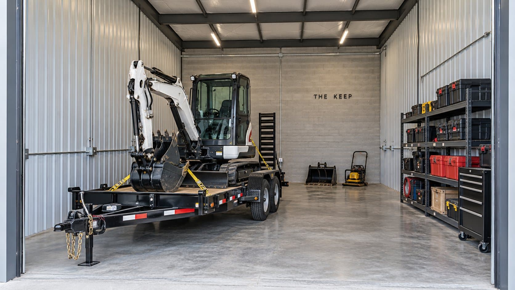 Artist's concept of a suite holding a compact excavator on its trailer beside tool storage