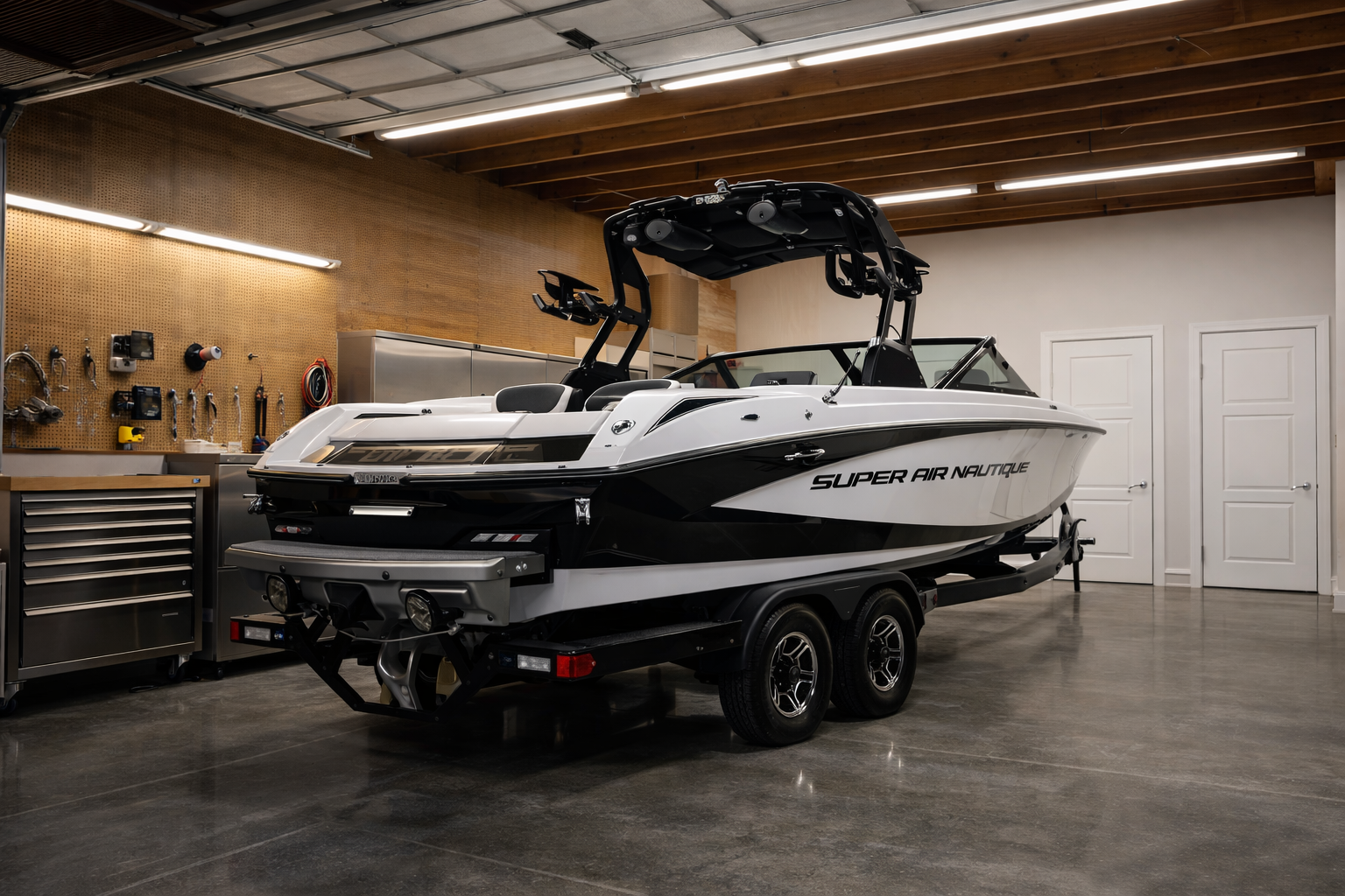 Boat stored in a clean, private garage suite