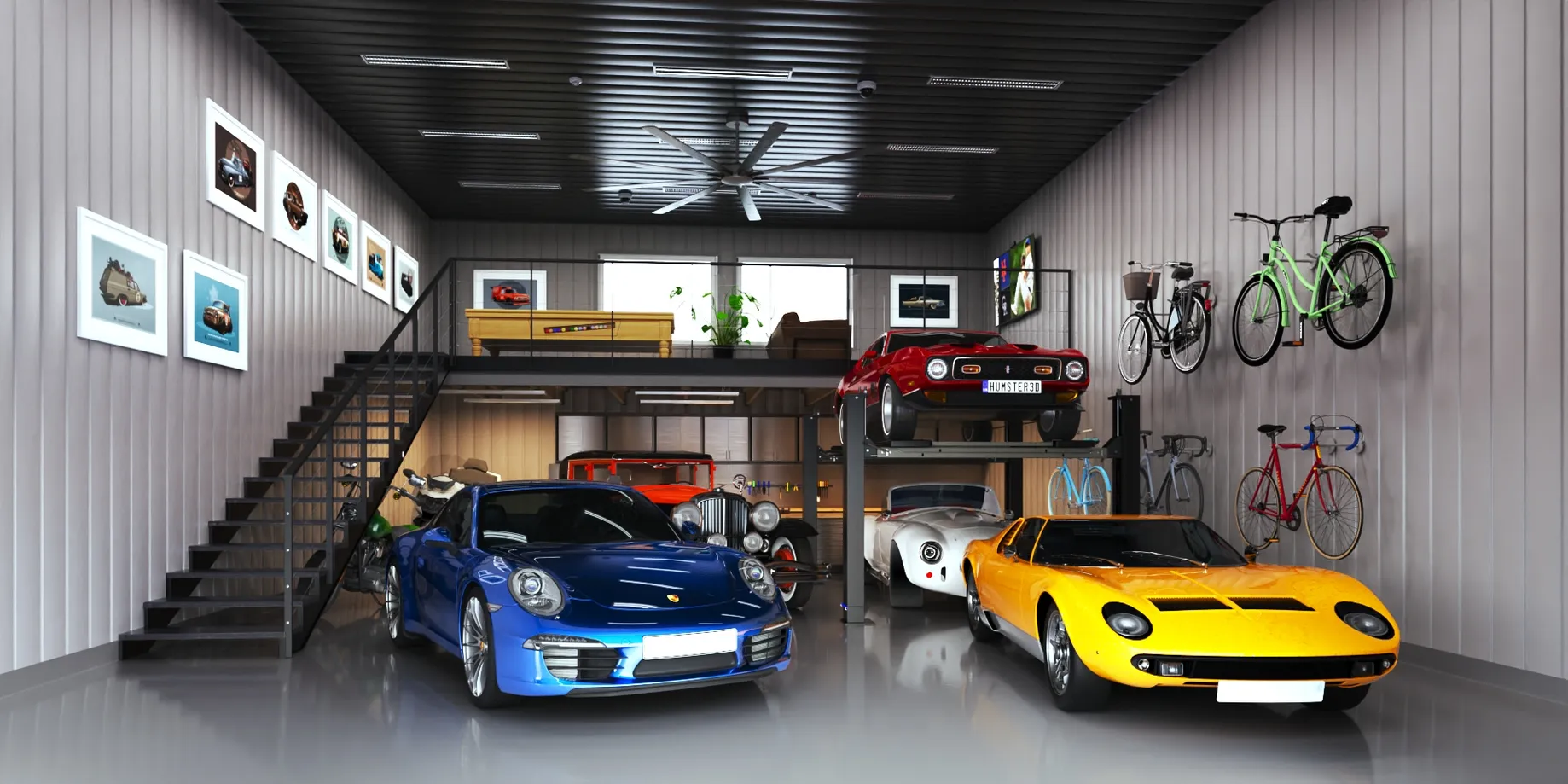 Curated private garage suite with blue Porsche, yellow car, loft, and bikes on the wall