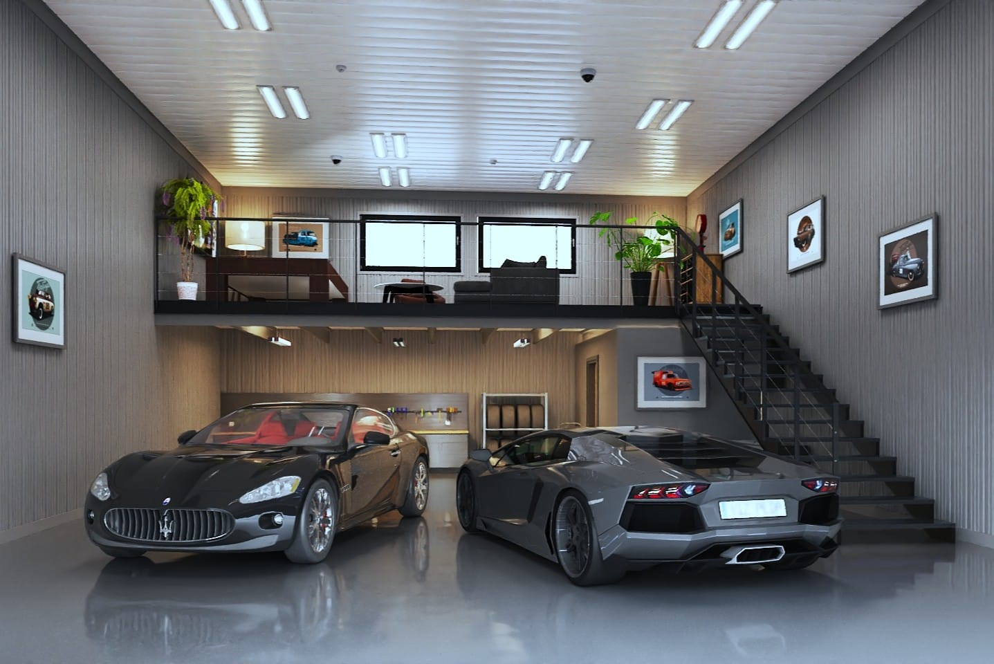 Luxury garage loft with two cars parked below and lounge space above