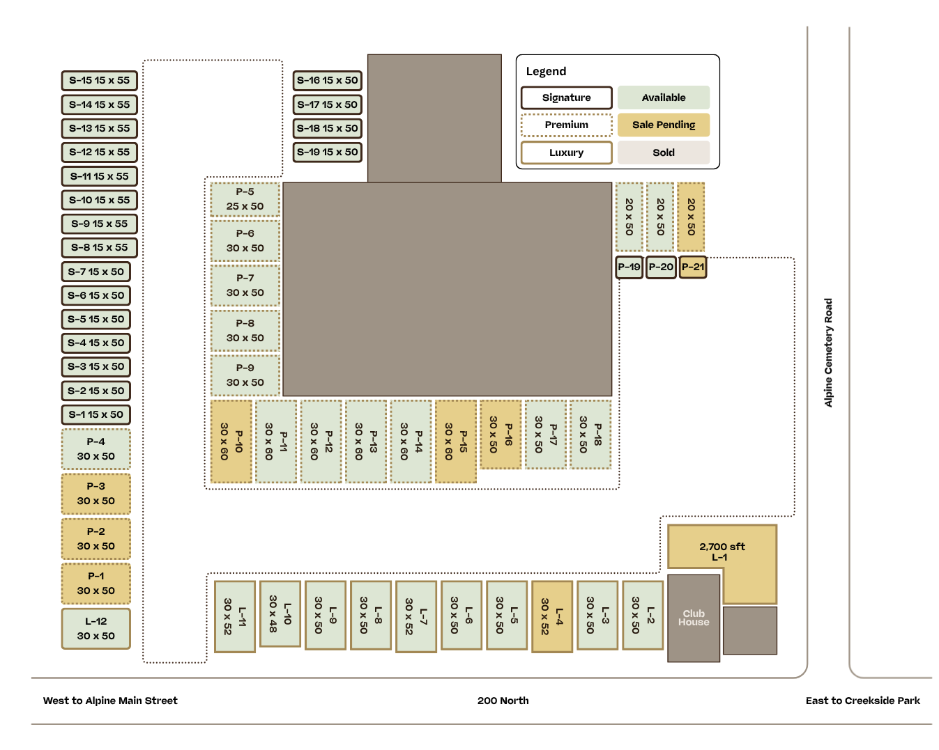 Site map of The Keep at Alpine showing reserved and available garage suites