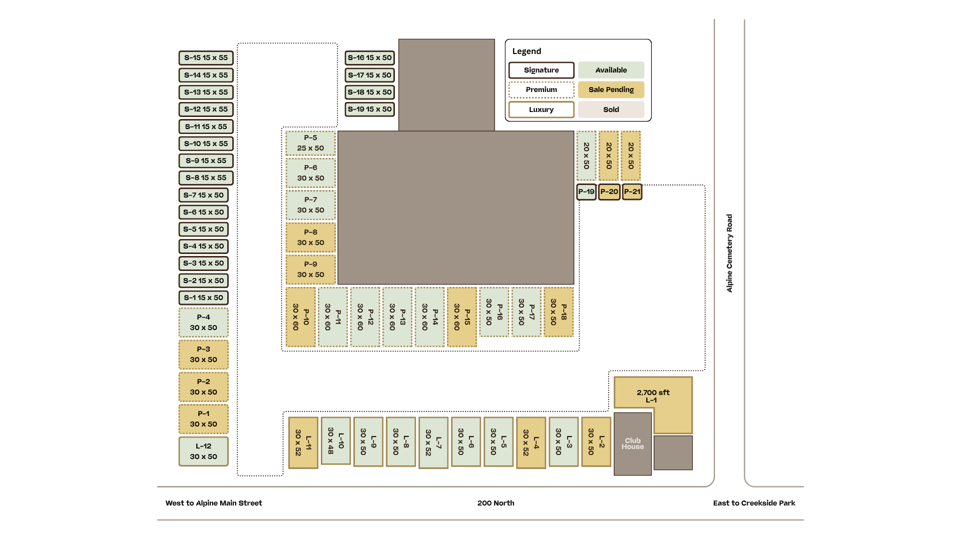 Site map of The Keep at Alpine showing reserved and available garage suites